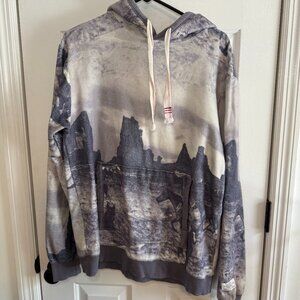 BDG Urban Gray and Cream Western Mural Graphic Hoodie with Pouch